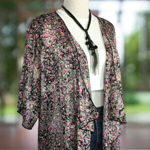 LuLaRoe Monroe Kimono – Black Floral with Fringe